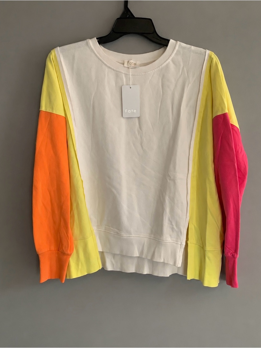 Fate Colorblock Crewneck Sweater — White, Neon Yellow, Bright Orange & Hot Pink